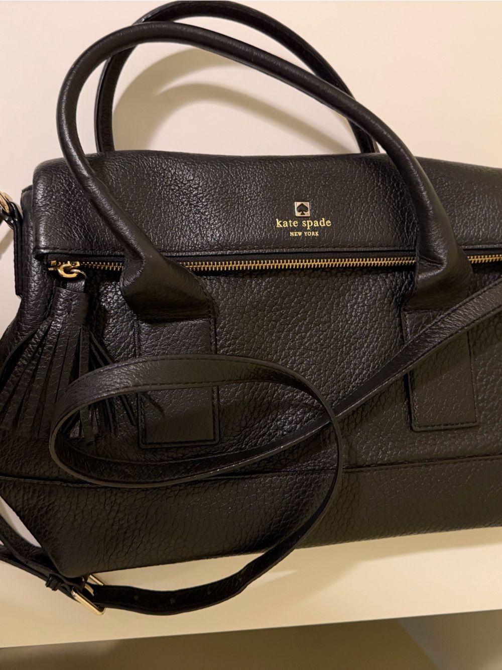 kate spade Black Pebbled Leather Satchel with Gold Hardware